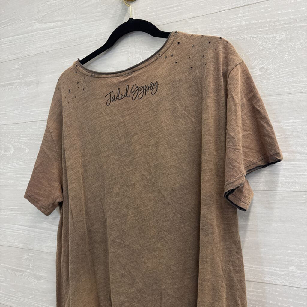 Jaded Gypsy Brown/ Grey Moon Print Distressed Short Sleeve Top Large/ Extra Large