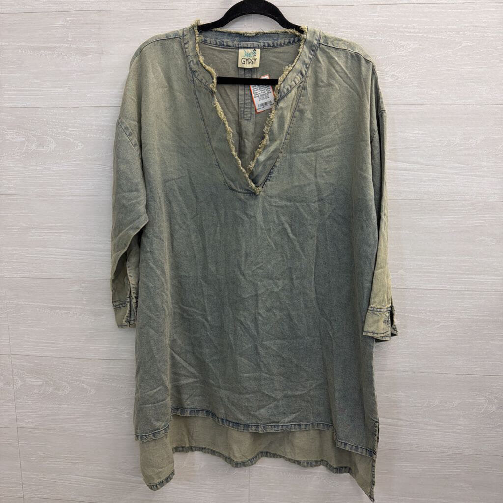 Jaded Gypsy Blue Denim Distressed Edge V Neck Long Sleeve Tunic Top Small/ Medium