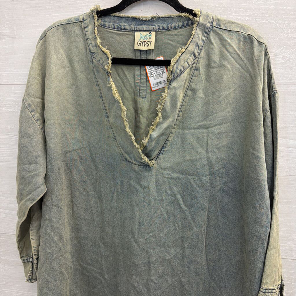 Jaded Gypsy Blue Denim Distressed Edge V Neck Long Sleeve Tunic Top Small/ Medium