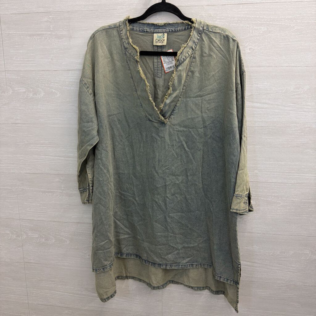 Jaded Gypsy Blue Denim Distressed Edge V Neck Long Sleeve Tunic Top Small/ Medium