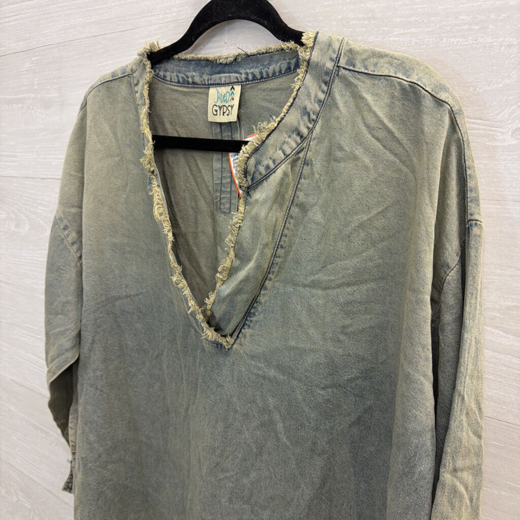 Jaded Gypsy Blue Denim Distressed Edge V Neck Long Sleeve Tunic Top Small/ Medium