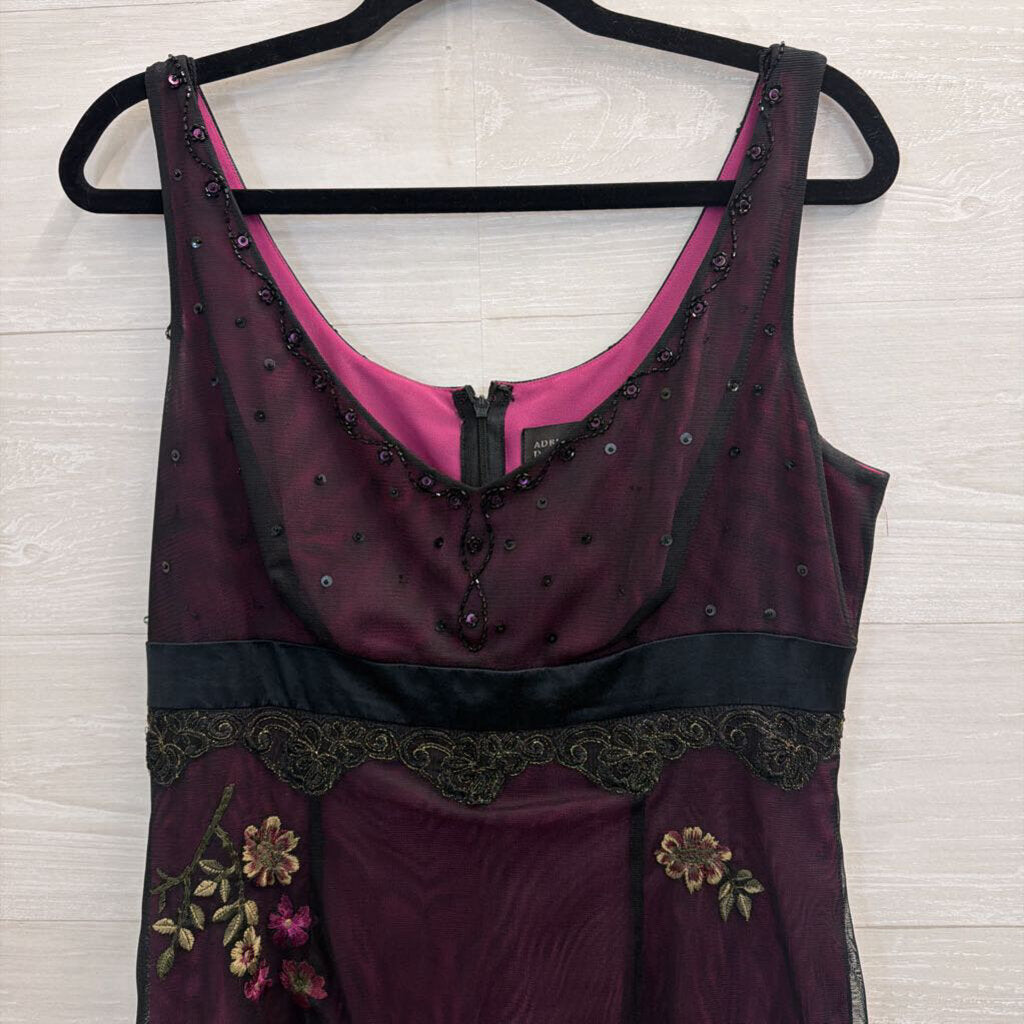 Vintage Adrianna Papell Purple/ Black Embroidered Beaded Midi Dress 12
