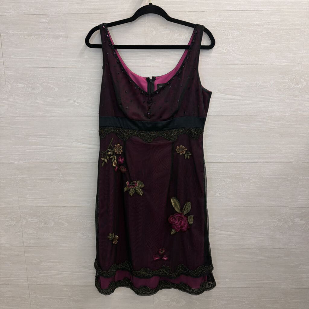 Vintage Adrianna Papell Purple/ Black Embroidered Beaded Midi Dress 12