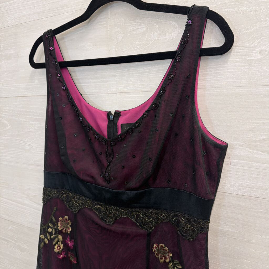 Vintage Adrianna Papell Purple/ Black Embroidered Beaded Midi Dress 12