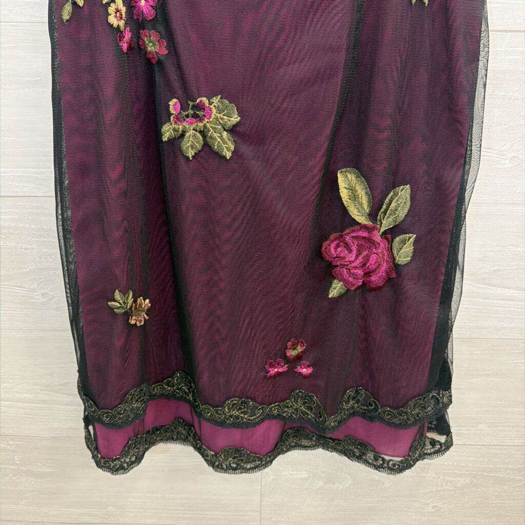 Vintage Adrianna Papell Purple/ Black Embroidered Beaded Midi Dress 12