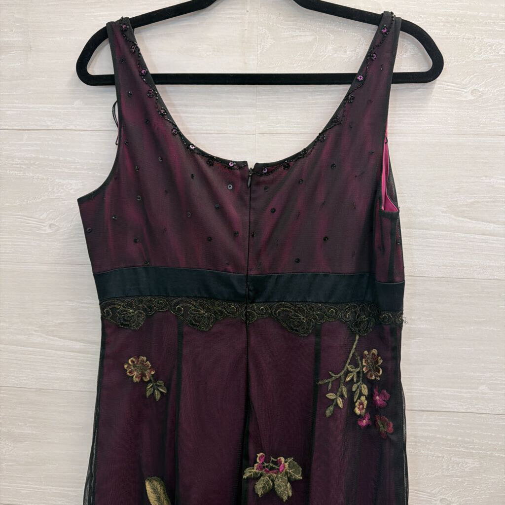 Vintage Adrianna Papell Purple/ Black Embroidered Beaded Midi Dress 12