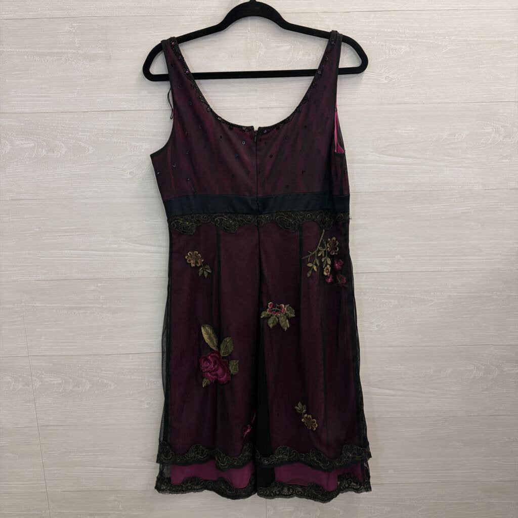 Vintage Adrianna Papell Purple/ Black Embroidered Beaded Midi Dress 12