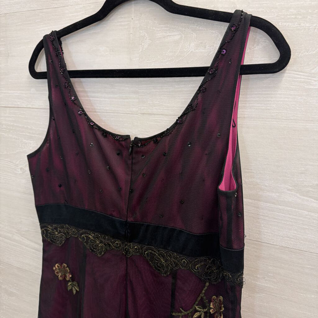 Vintage Adrianna Papell Purple/ Black Embroidered Beaded Midi Dress 12
