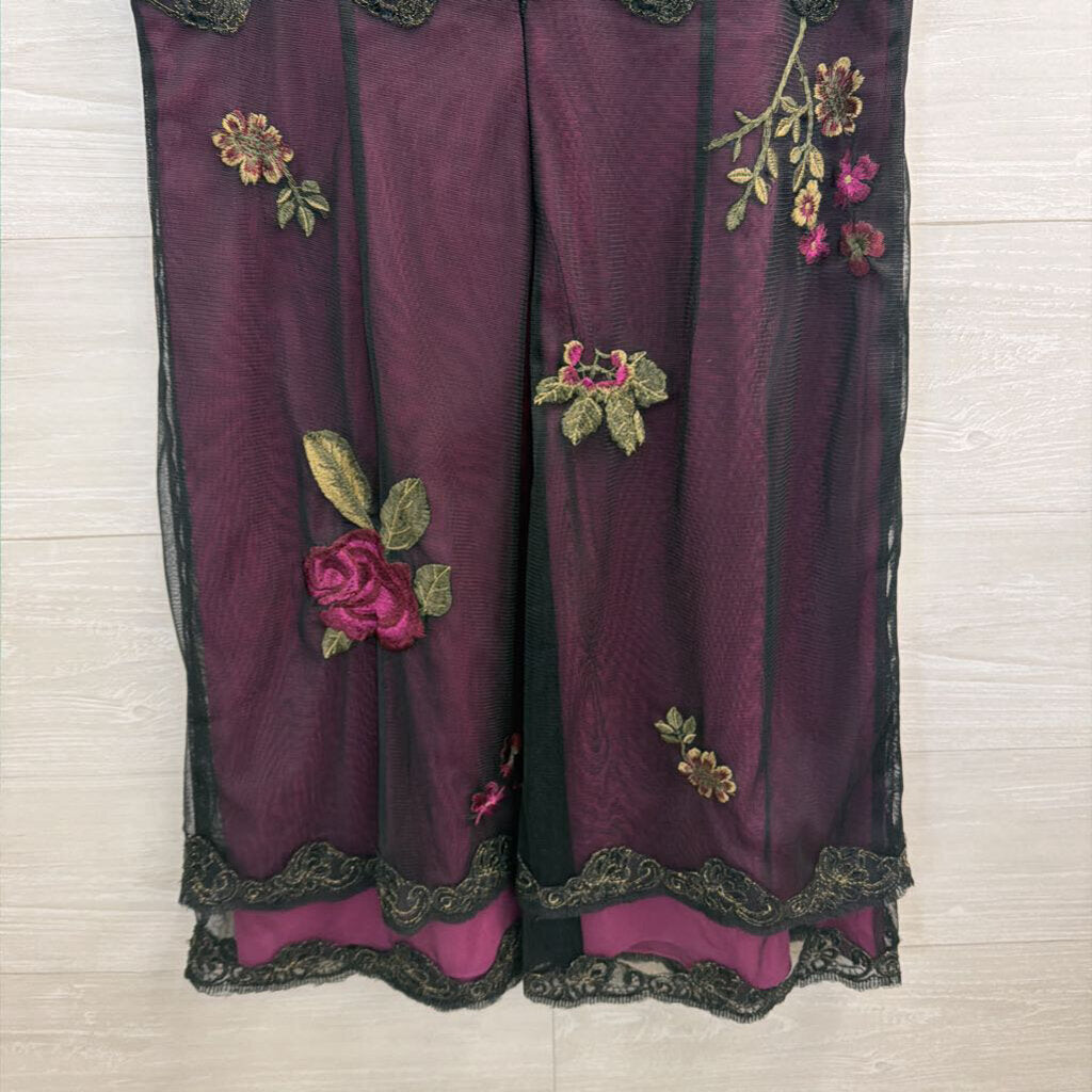 Vintage Adrianna Papell Purple/ Black Embroidered Beaded Midi Dress 12