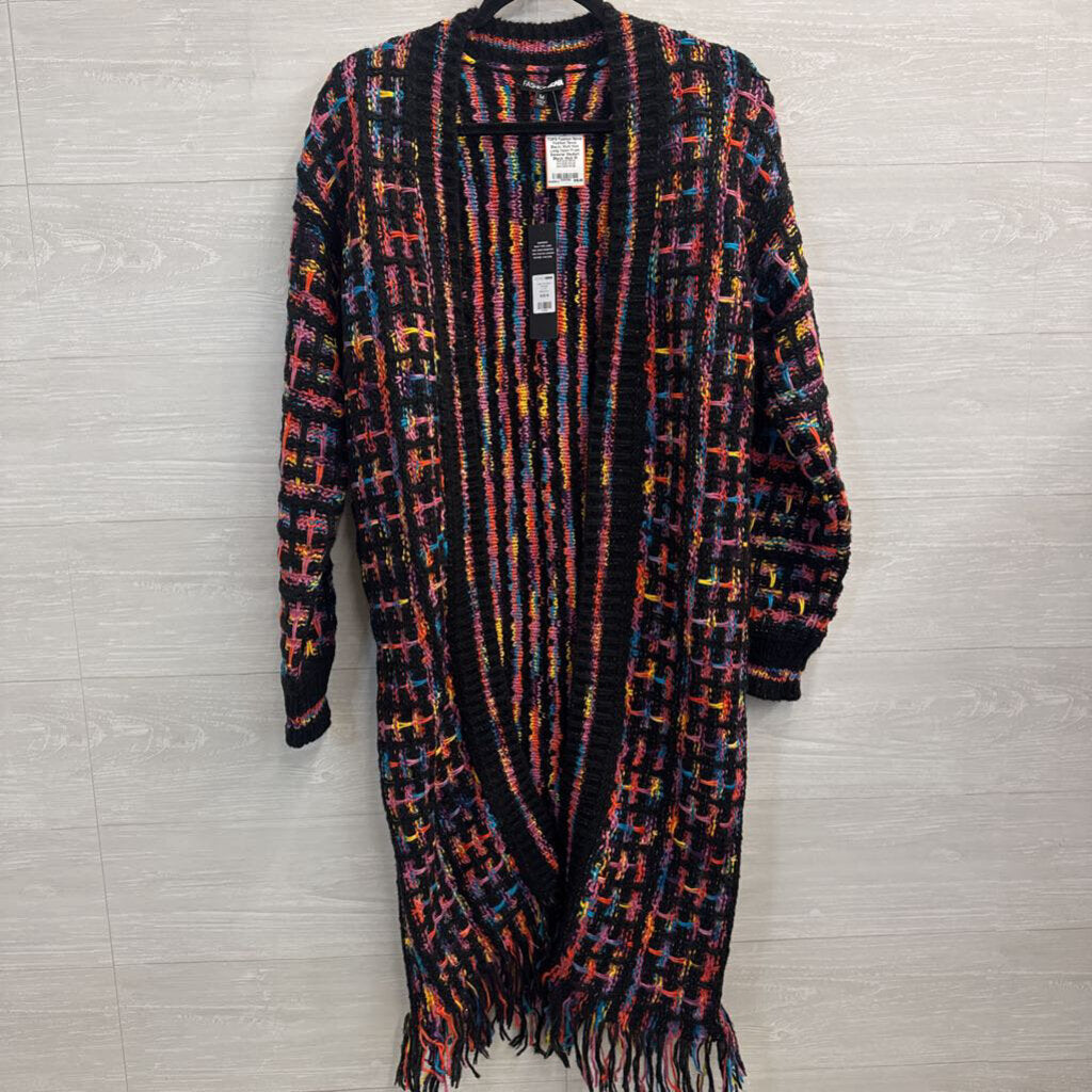 Fashion Nova Black/ Multi Knit Long Open Front Sweater Medium