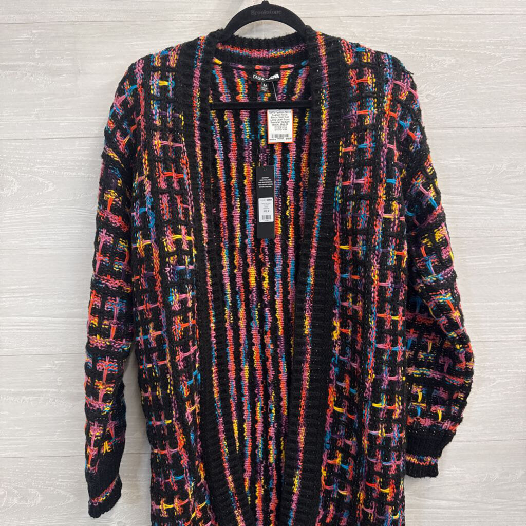 Fashion Nova Black/ Multi Knit Long Open Front Sweater Medium
