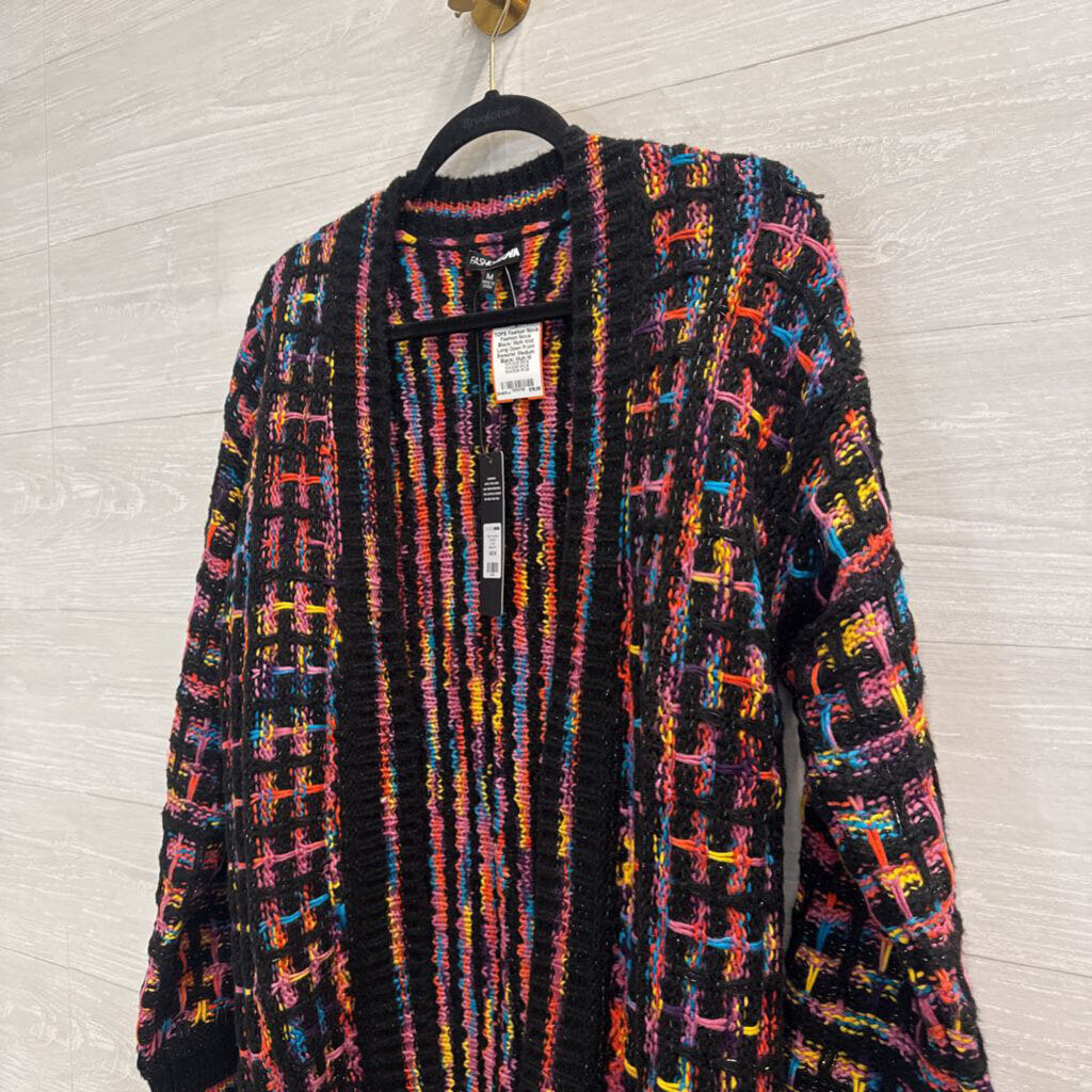 Fashion Nova Black/ Multi Knit Long Open Front Sweater Medium