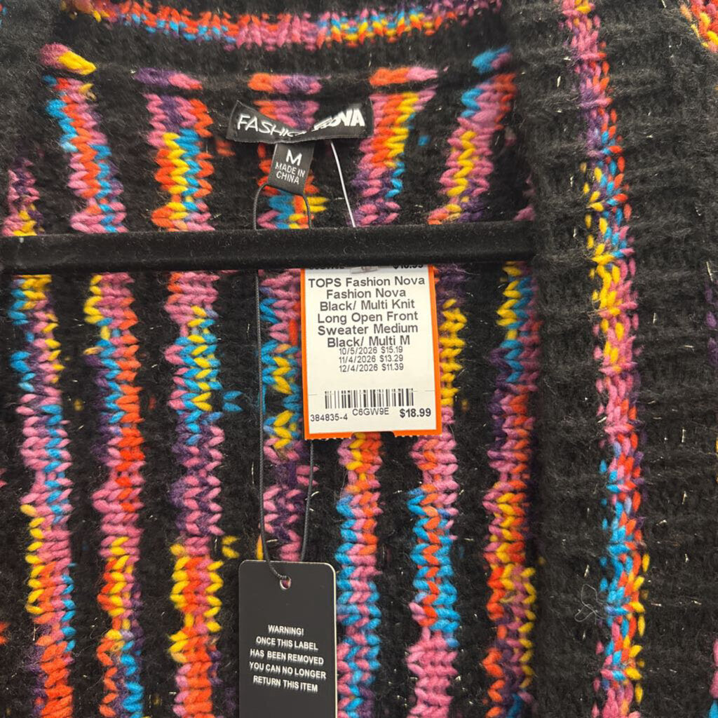 Fashion Nova Black/ Multi Knit Long Open Front Sweater Medium