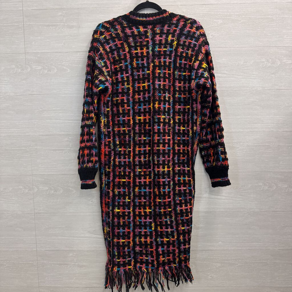Fashion Nova Black/ Multi Knit Long Open Front Sweater Medium