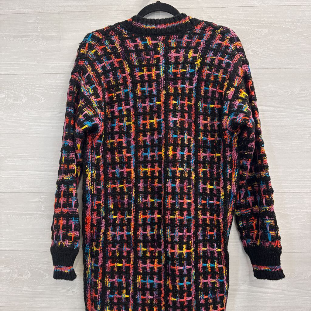 Fashion Nova Black/ Multi Knit Long Open Front Sweater Medium