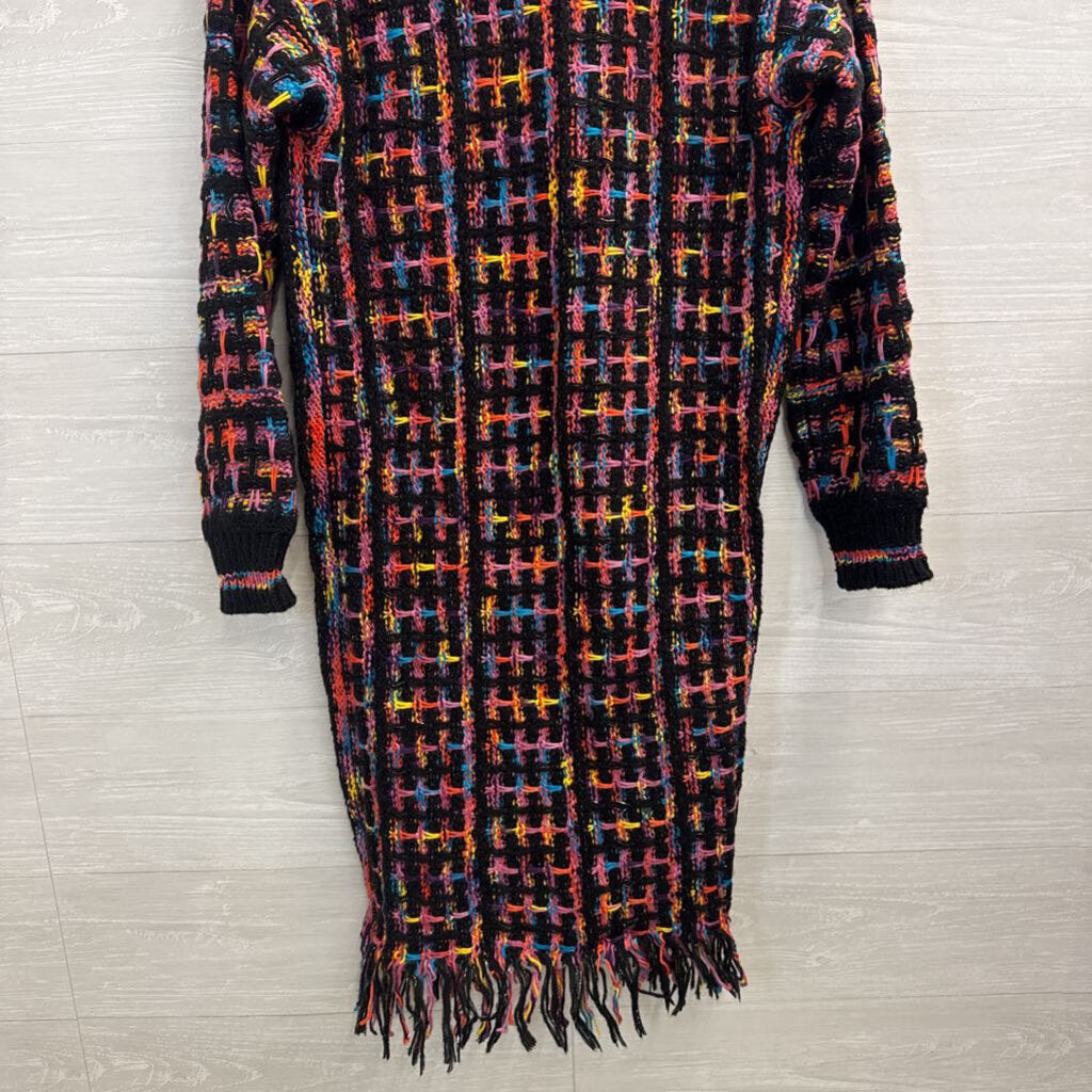 Fashion Nova Black/ Multi Knit Long Open Front Sweater Medium