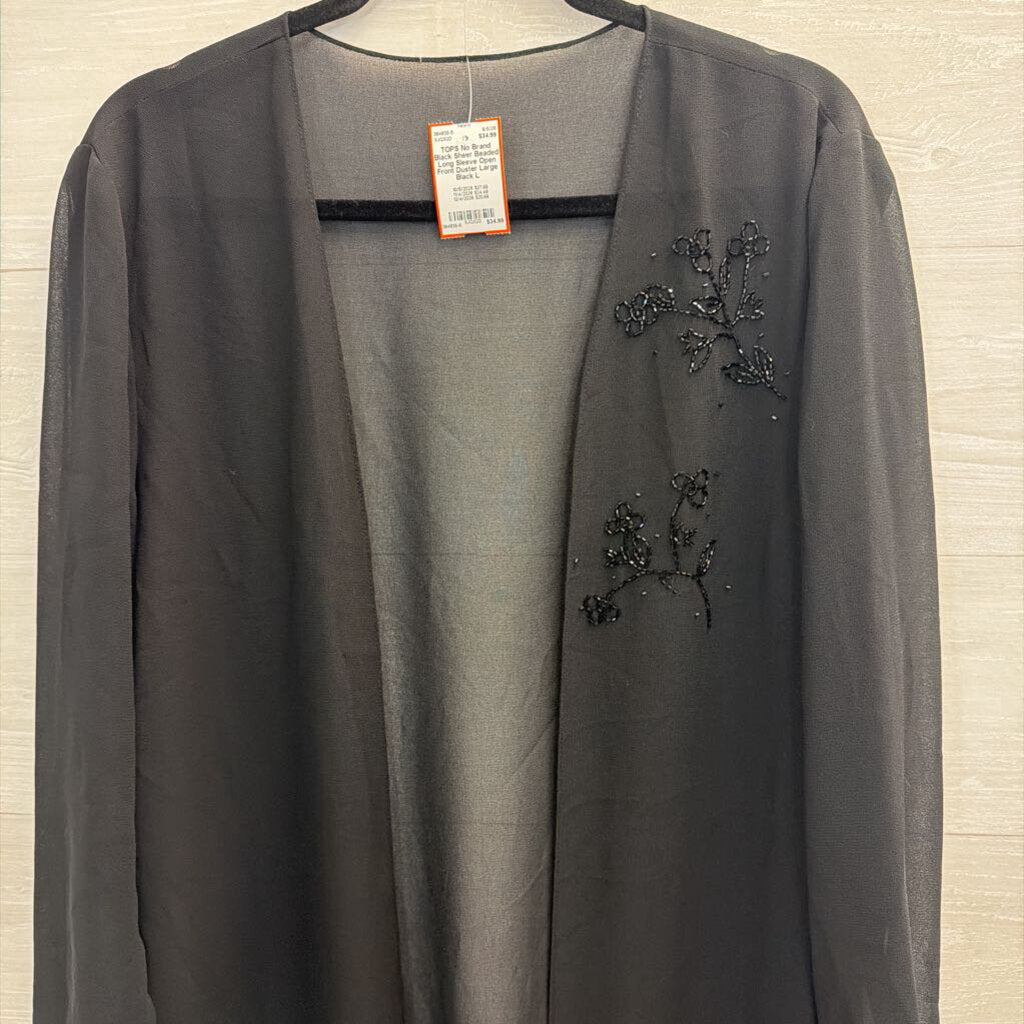Black Sheer Beaded Long Sleeve Open Front Duster Large