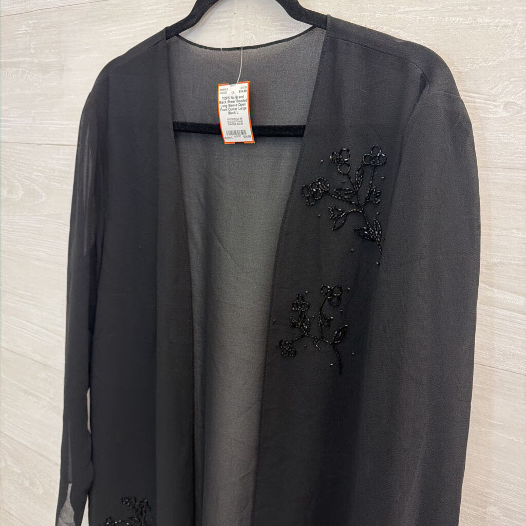 Black Sheer Beaded Long Sleeve Open Front Duster Large