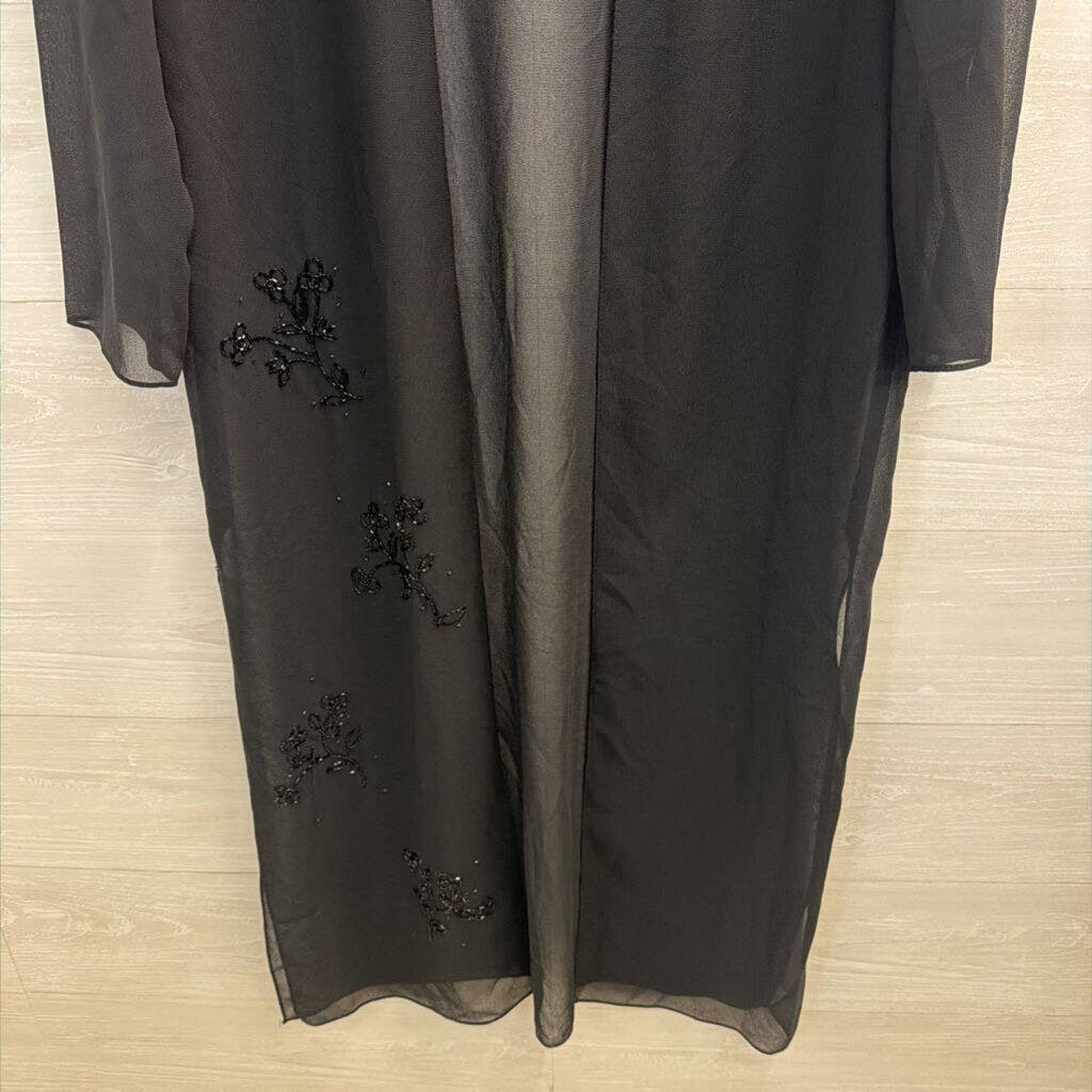 Black Sheer Beaded Long Sleeve Open Front Duster Large