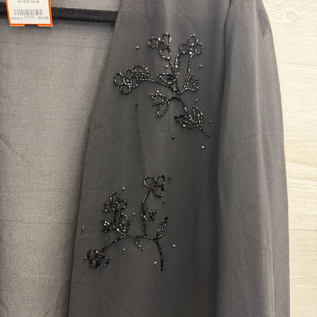 Black Sheer Beaded Long Sleeve Open Front Duster Large