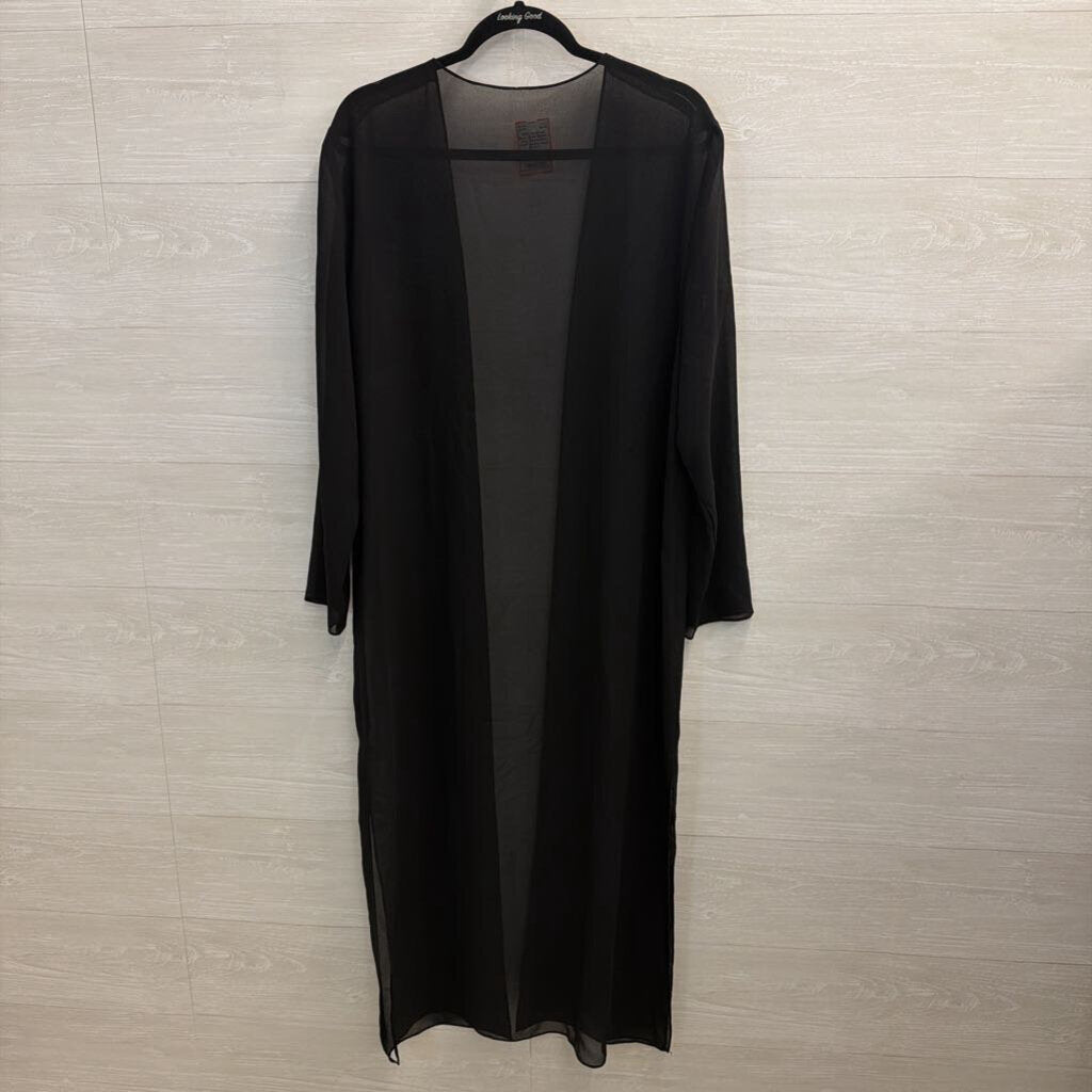 Black Sheer Beaded Long Sleeve Open Front Duster Large
