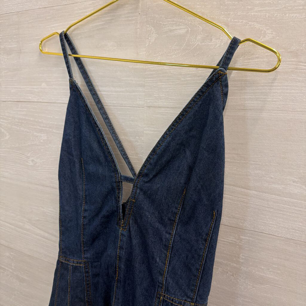 Wisteria Lane Dark Wash Denim Tie Back Romper Large