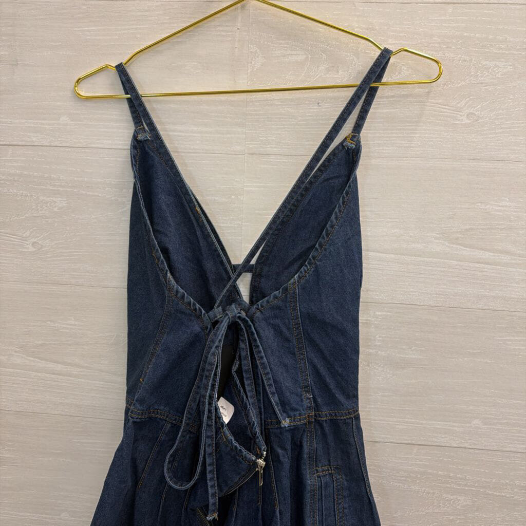 Wisteria Lane Dark Wash Denim Tie Back Romper Large