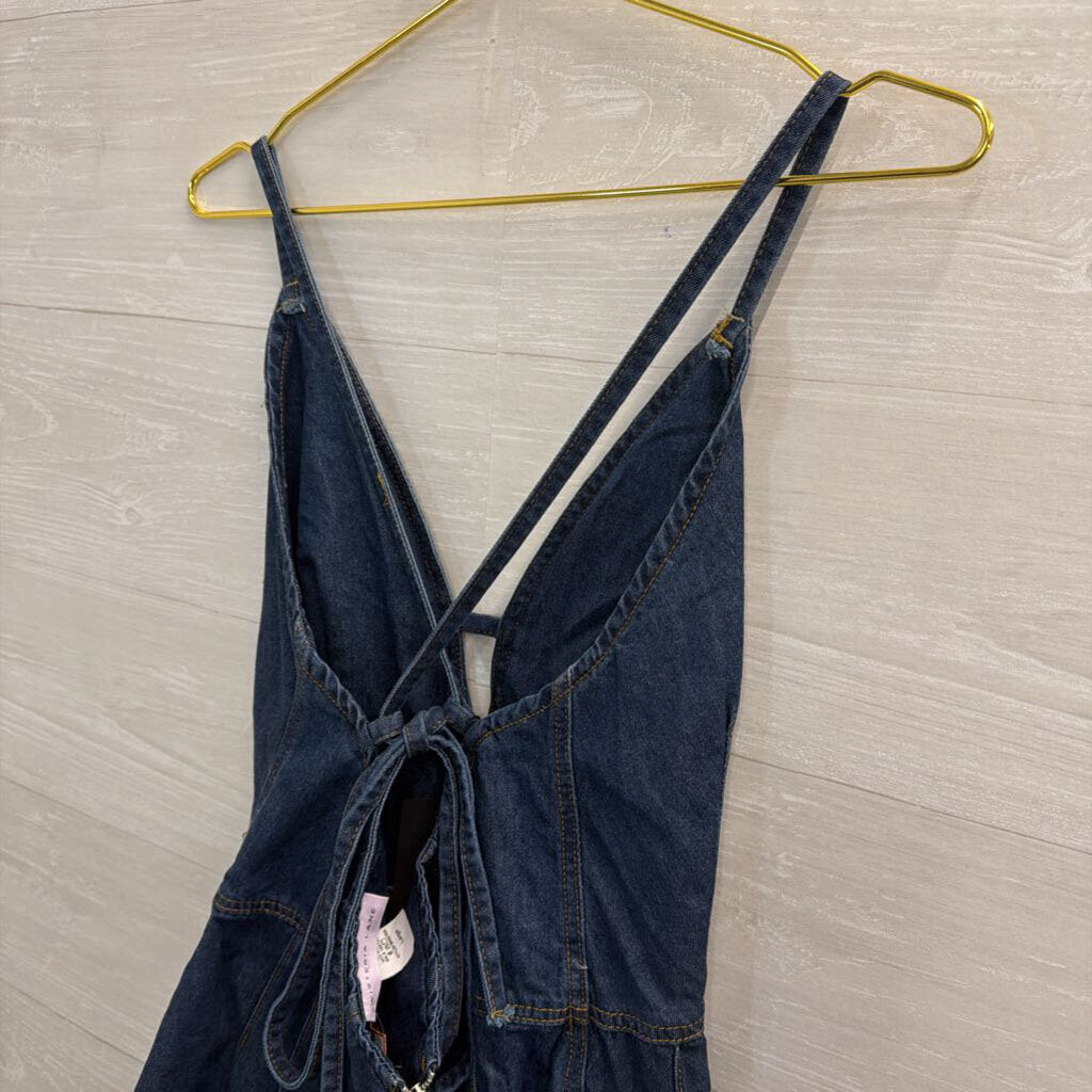 Wisteria Lane Dark Wash Denim Tie Back Romper Large