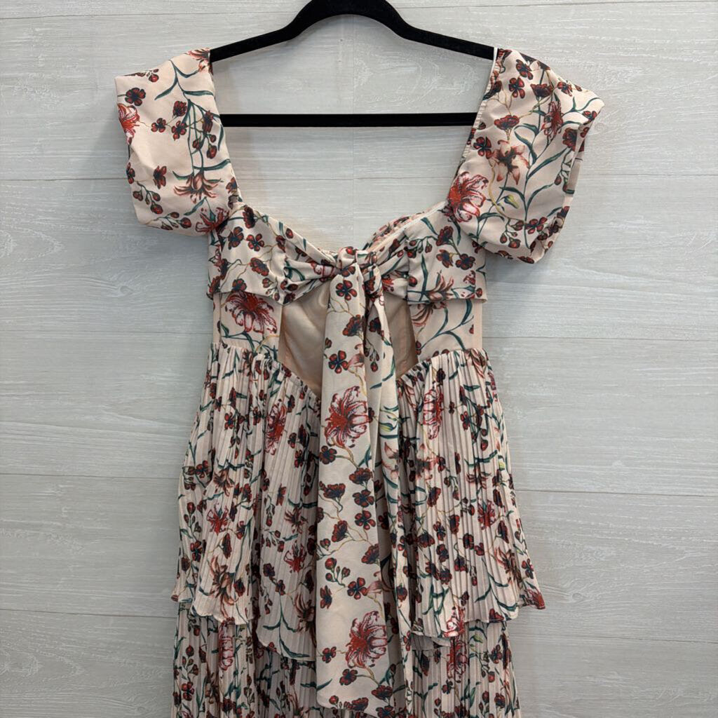 OPT Cream/ Multi Print Pleated Tiered Maxi Dress Extra Small