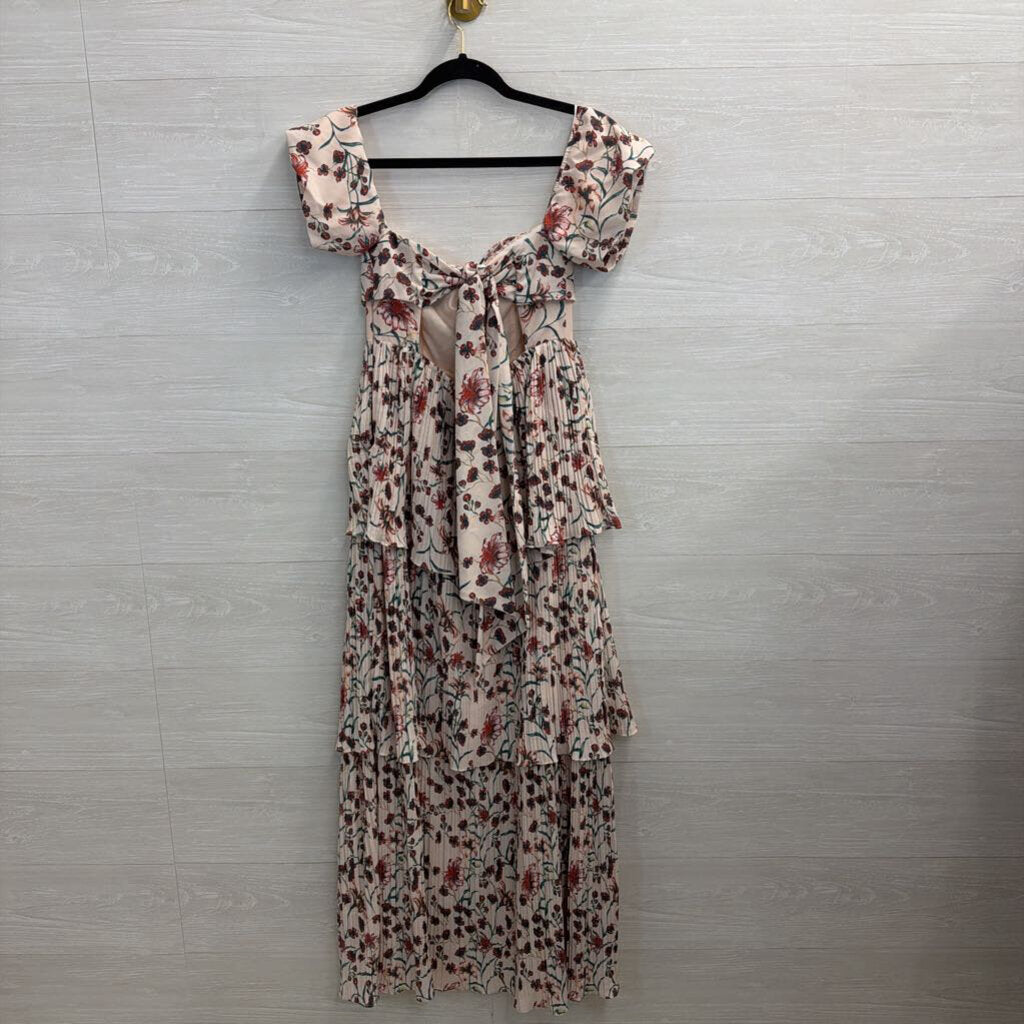 OPT Cream/ Multi Print Pleated Tiered Maxi Dress Extra Small