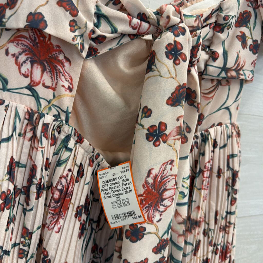 OPT Cream/ Multi Print Pleated Tiered Maxi Dress Extra Small