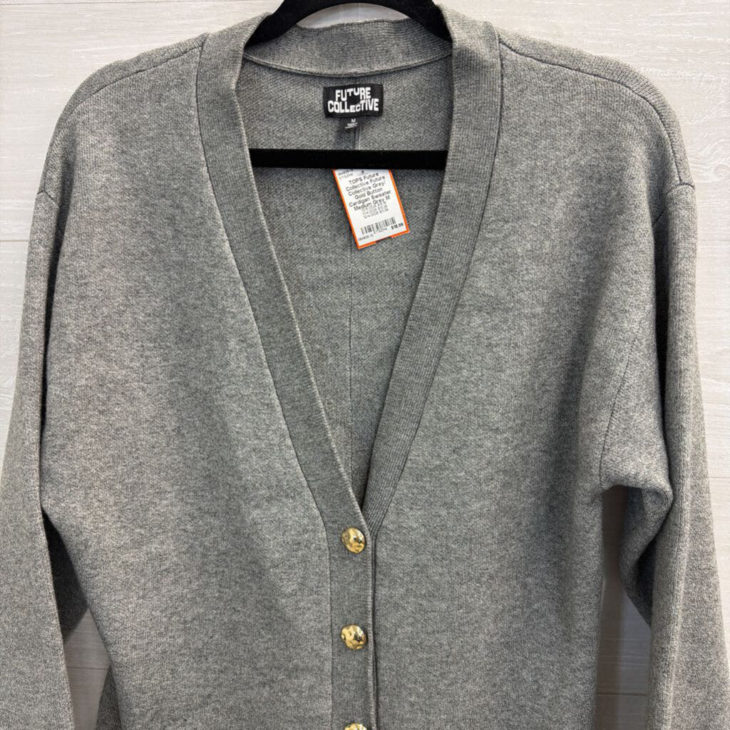 Future Collective Grey/ Gold Button Cardigan Sweater Medium