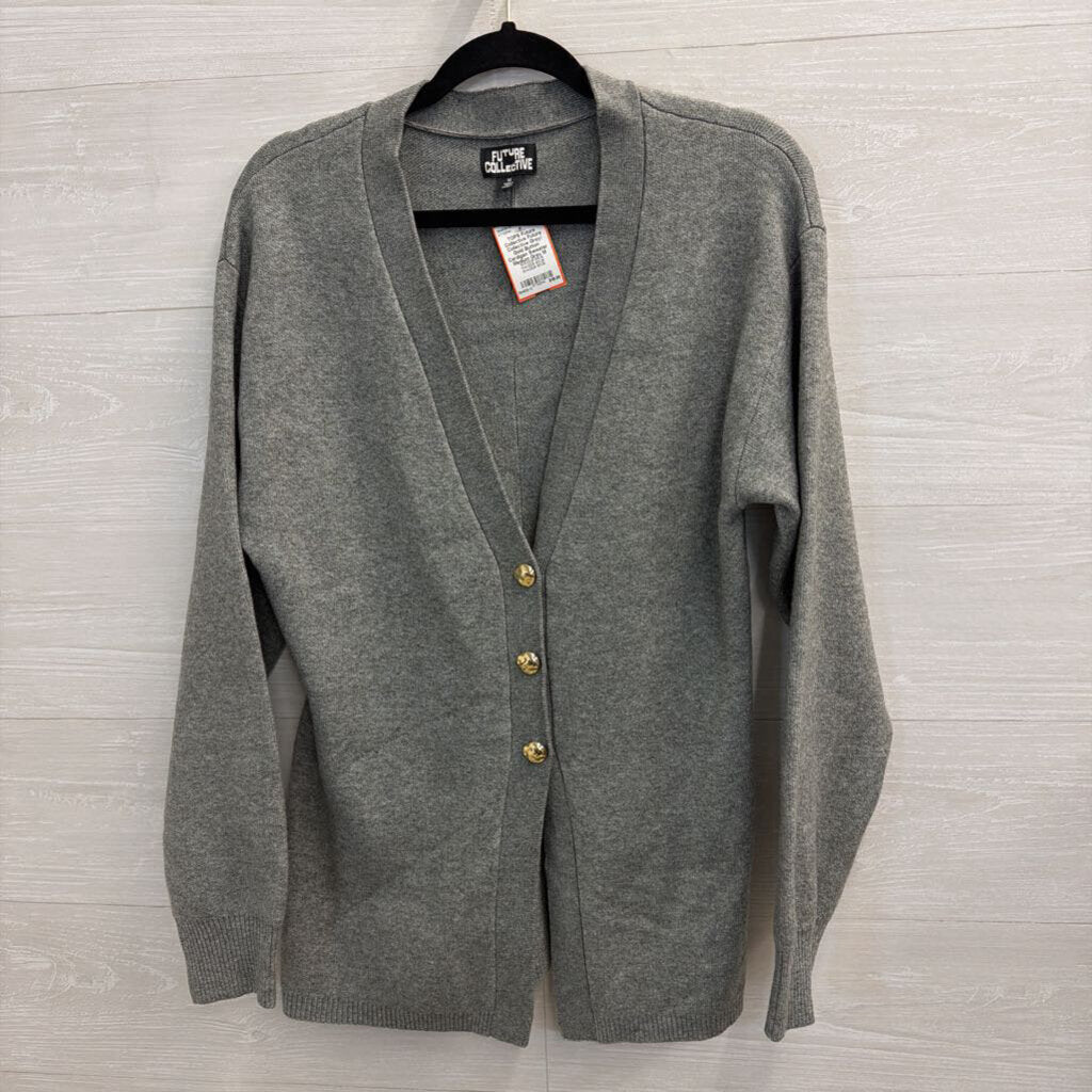 Future Collective Grey/ Gold Button Cardigan Sweater Medium