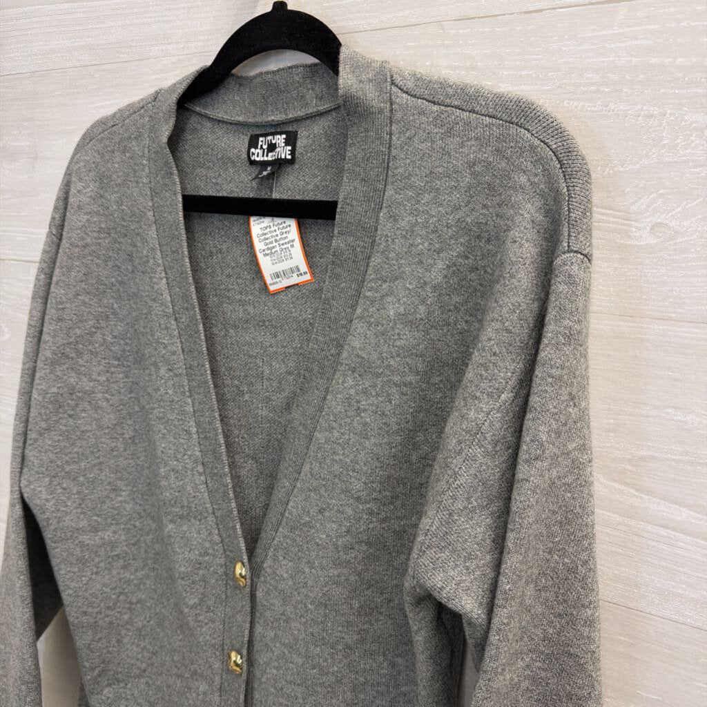 Future Collective Grey/ Gold Button Cardigan Sweater Medium