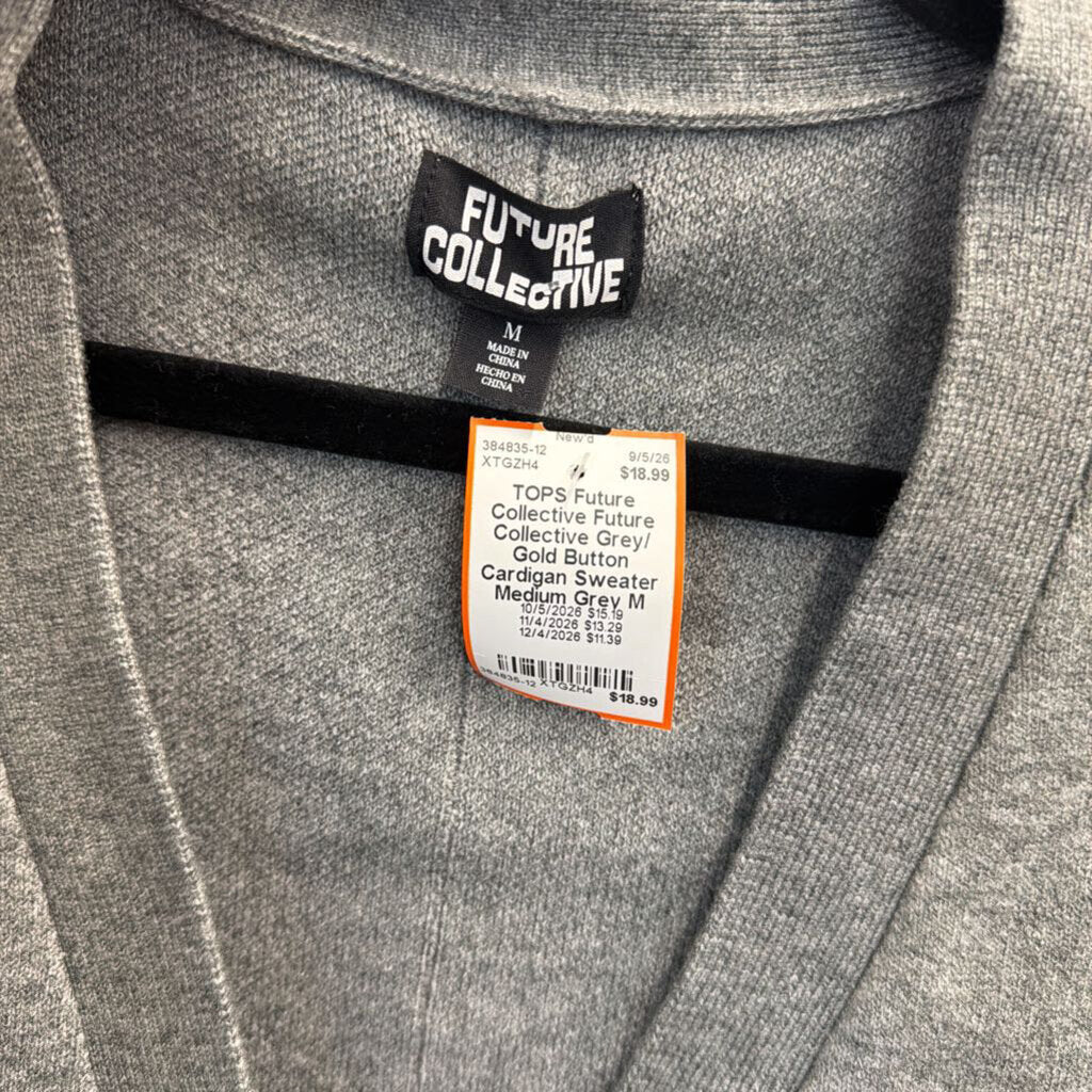 Future Collective Grey/ Gold Button Cardigan Sweater Medium