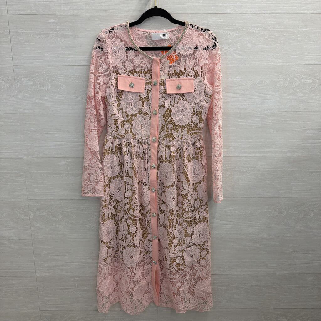 Amanda Jean Pink/ Beige Lace Rhinestone Button Long Sleeve Dress Large/ Extra Large