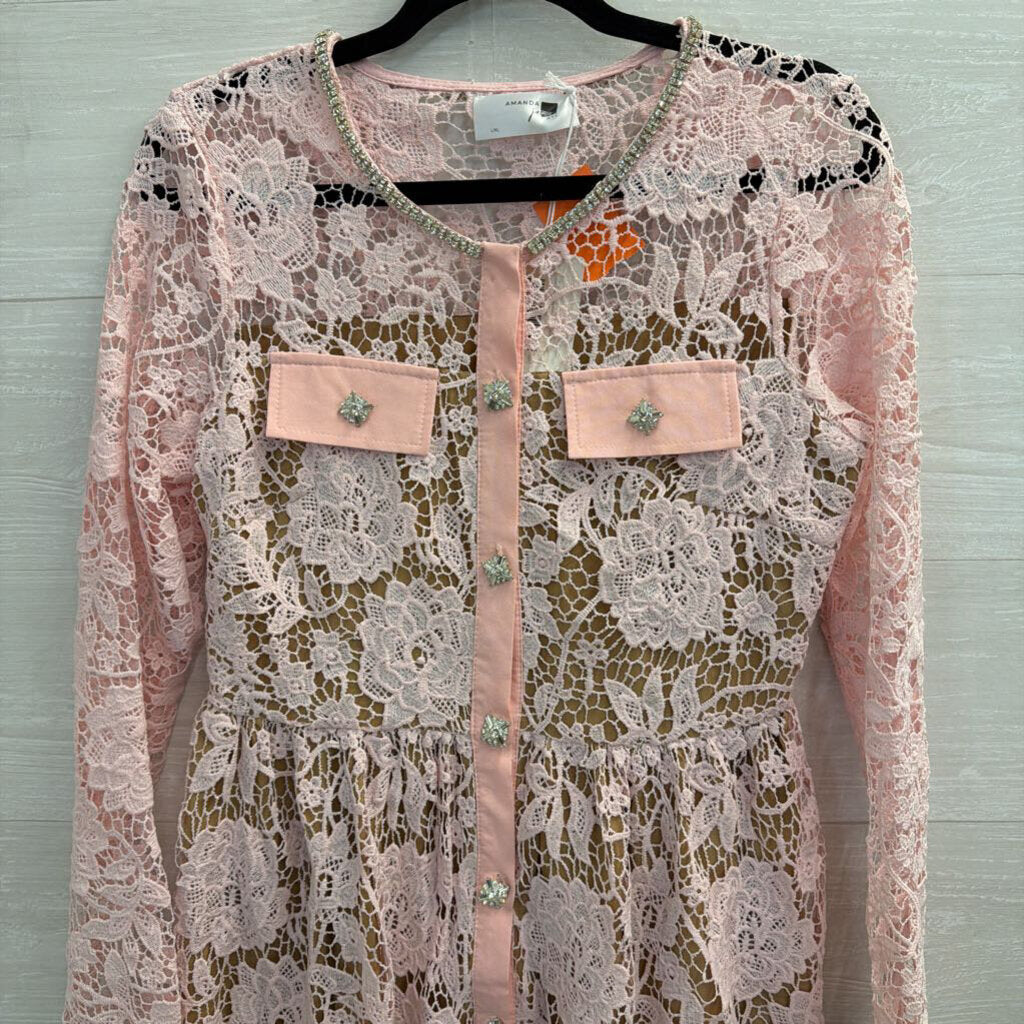 Amanda Jean Pink/ Beige Lace Rhinestone Button Long Sleeve Dress Large/ Extra Large