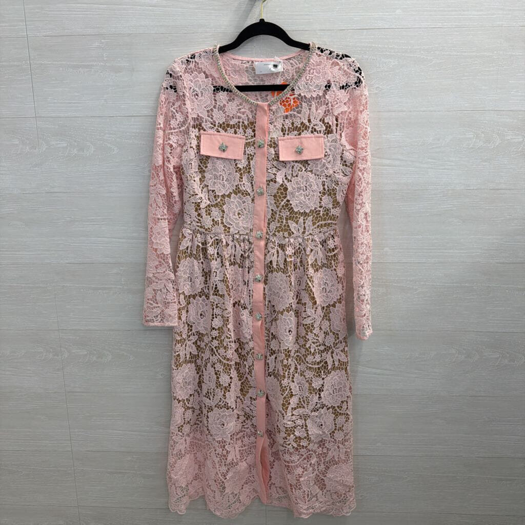 Amanda Jean Pink/ Beige Lace Rhinestone Button Long Sleeve Dress Large/ Extra Large