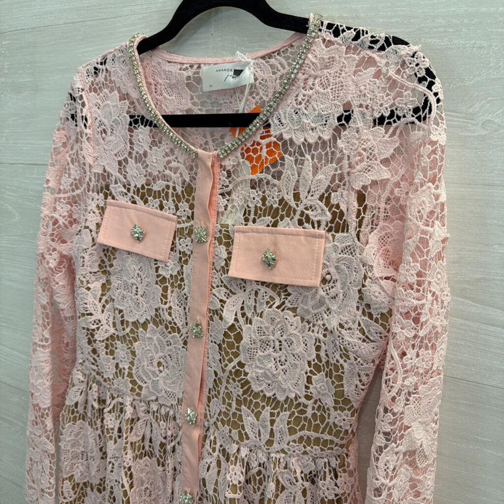 Amanda Jean Pink/ Beige Lace Rhinestone Button Long Sleeve Dress Large/ Extra Large