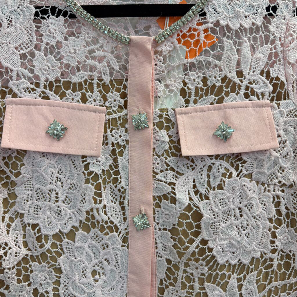 Amanda Jean Pink/ Beige Lace Rhinestone Button Long Sleeve Dress Large/ Extra Large