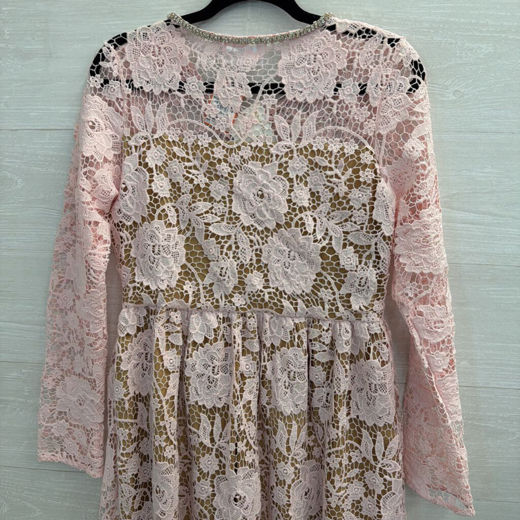 Amanda Jean Pink/ Beige Lace Rhinestone Button Long Sleeve Dress Large/ Extra Large