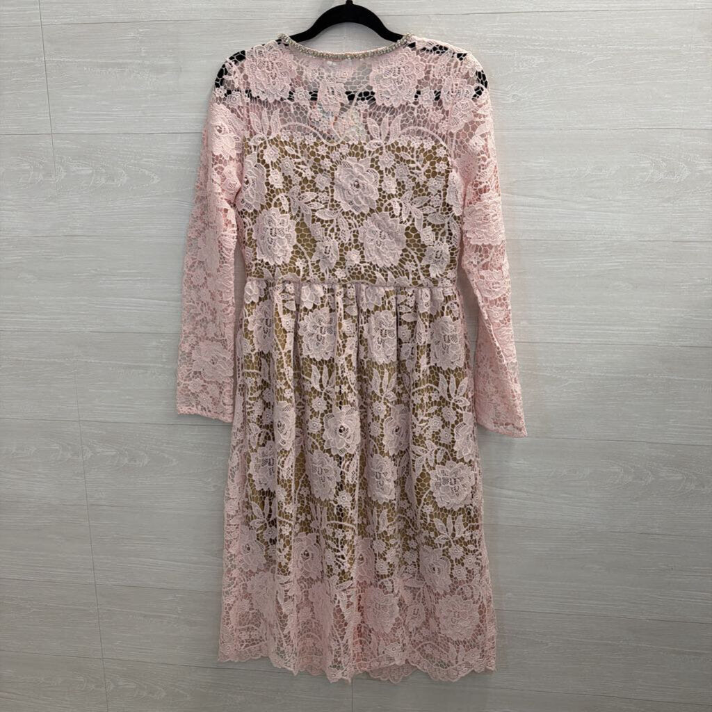 Amanda Jean Pink/ Beige Lace Rhinestone Button Long Sleeve Dress Large/ Extra Large