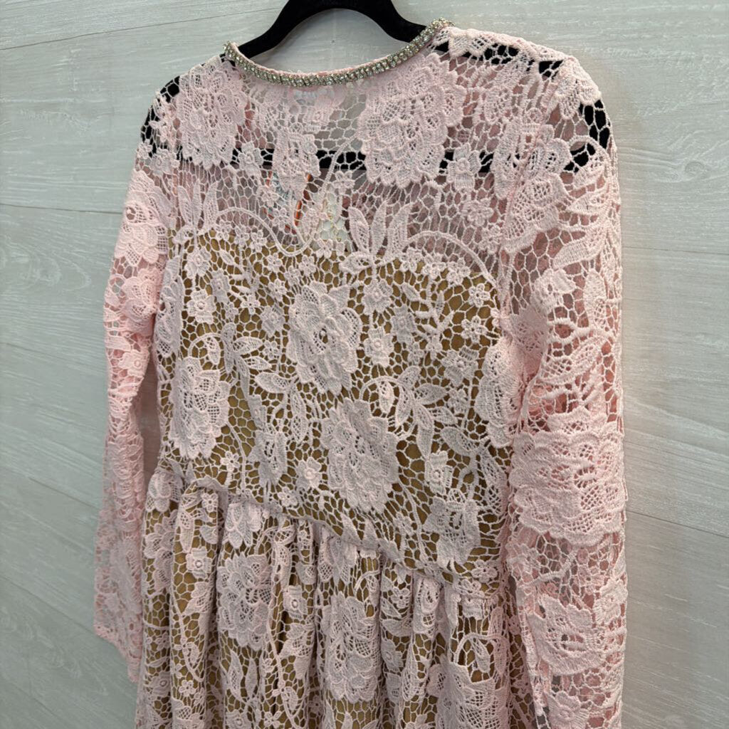 Amanda Jean Pink/ Beige Lace Rhinestone Button Long Sleeve Dress Large/ Extra Large