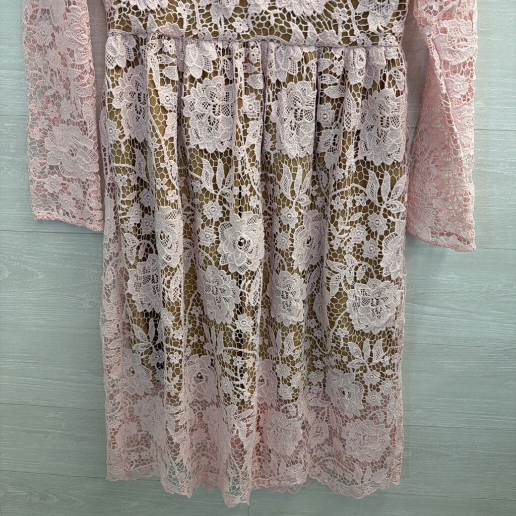 Amanda Jean Pink/ Beige Lace Rhinestone Button Long Sleeve Dress Large/ Extra Large