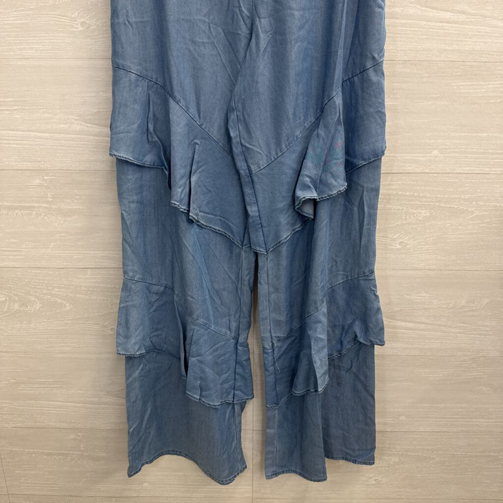 Current Air Blue Chambray Ruffle Detail Wide Leg Pull On Pants Large