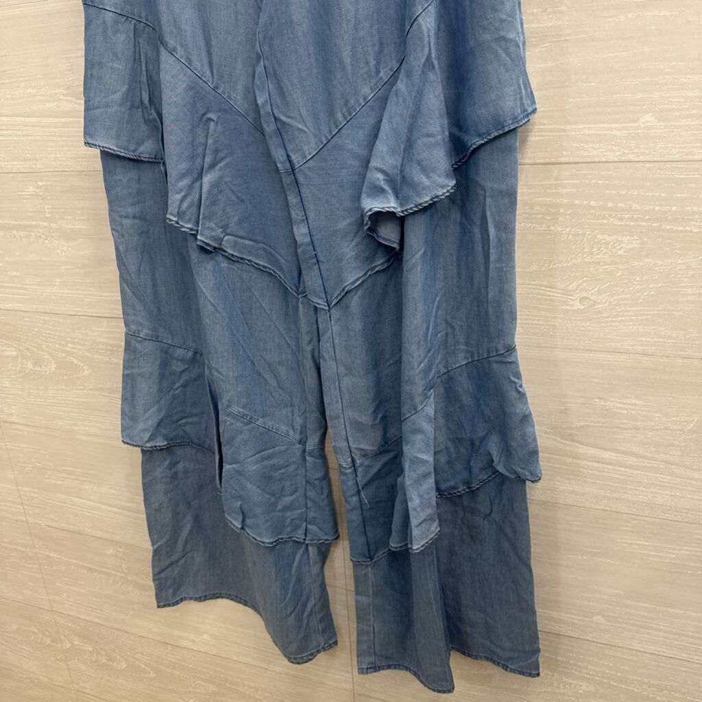 Current Air Blue Chambray Ruffle Detail Wide Leg Pull On Pants Large