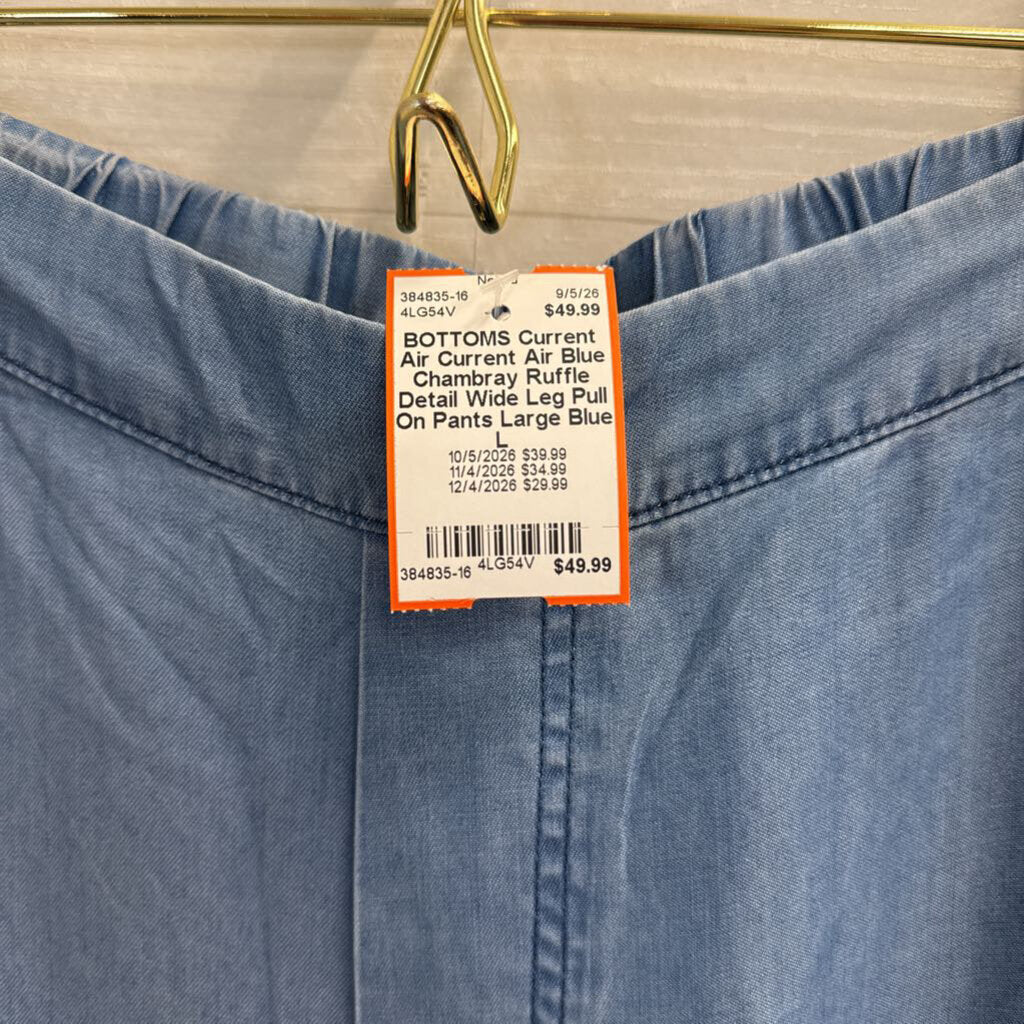 Current Air Blue Chambray Ruffle Detail Wide Leg Pull On Pants Large
