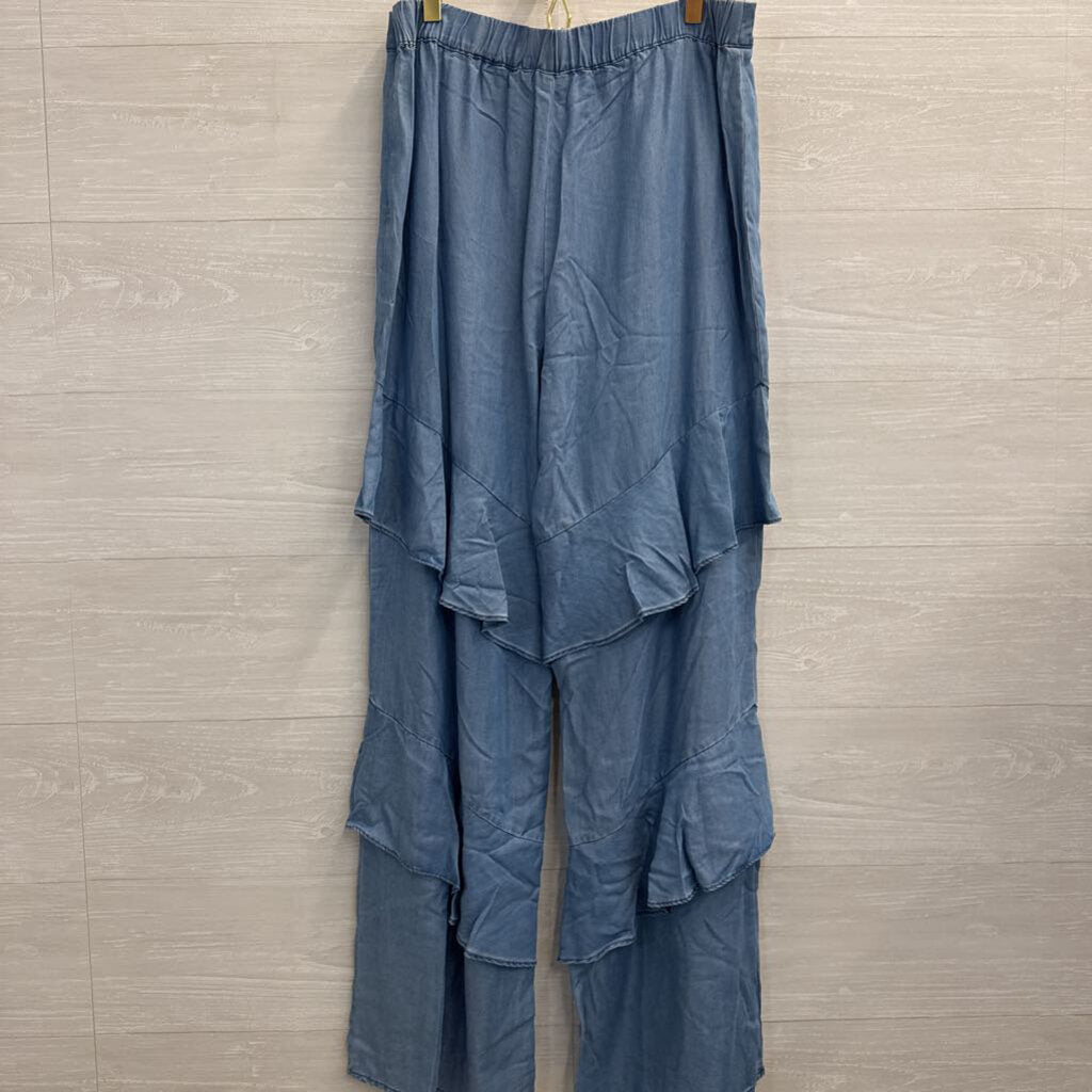 Current Air Blue Chambray Ruffle Detail Wide Leg Pull On Pants Large