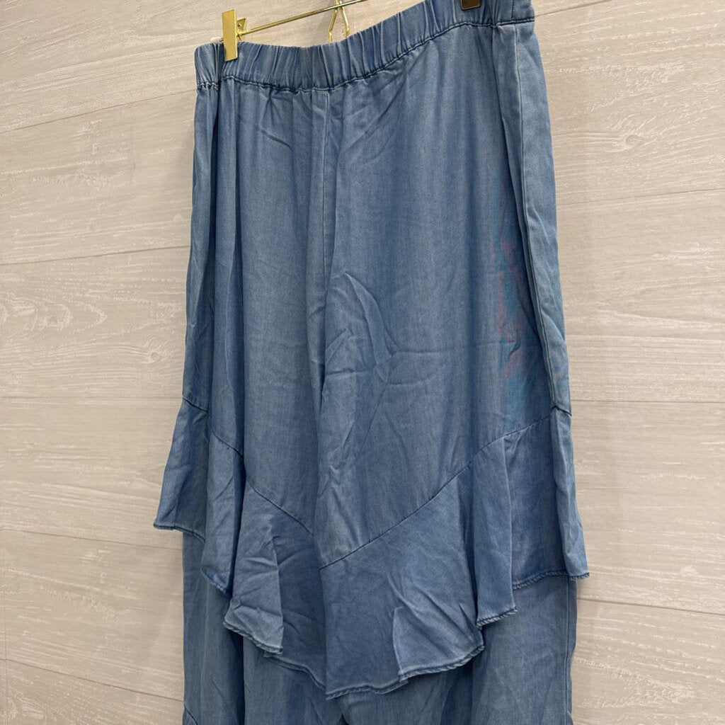 Current Air Blue Chambray Ruffle Detail Wide Leg Pull On Pants Large