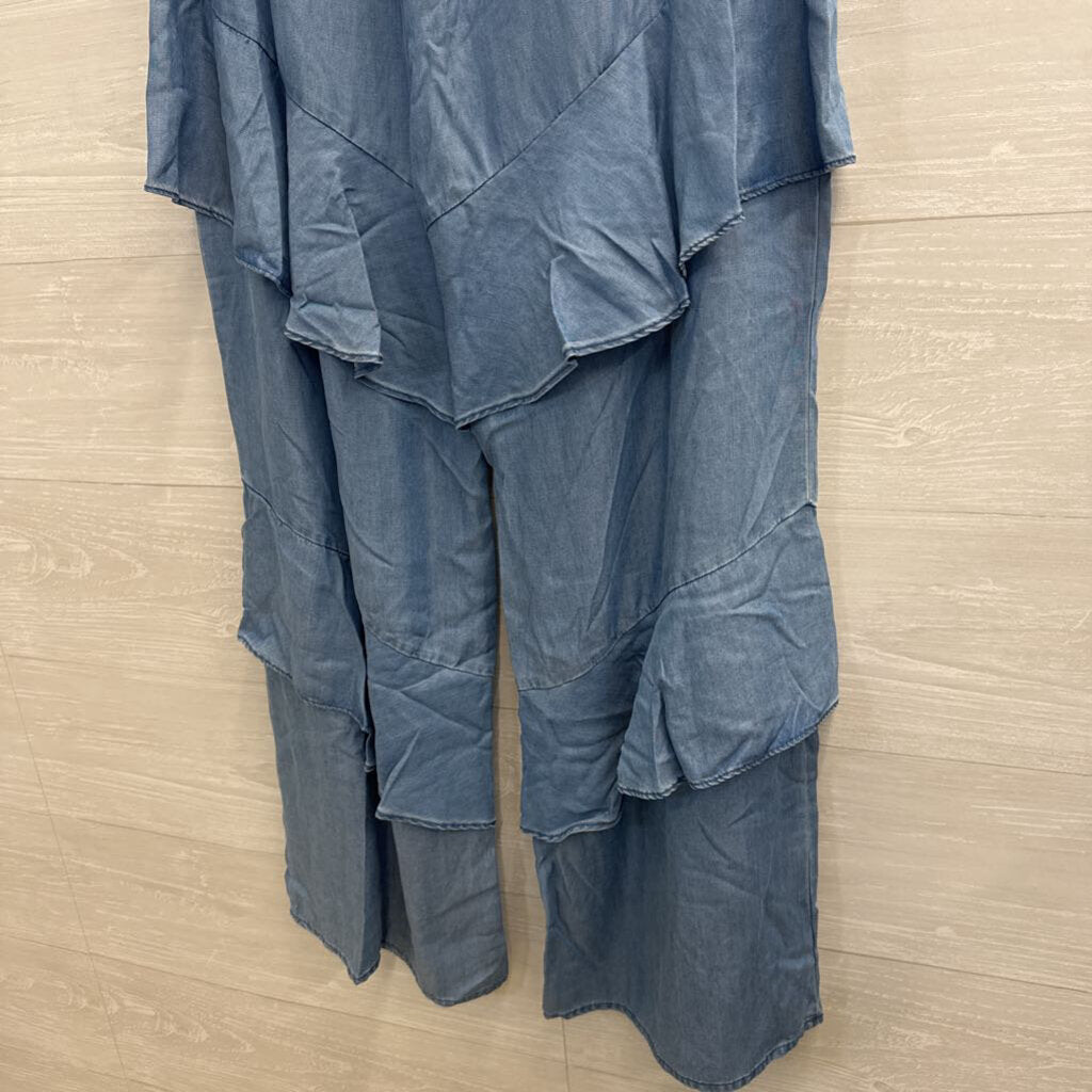 Current Air Blue Chambray Ruffle Detail Wide Leg Pull On Pants Large